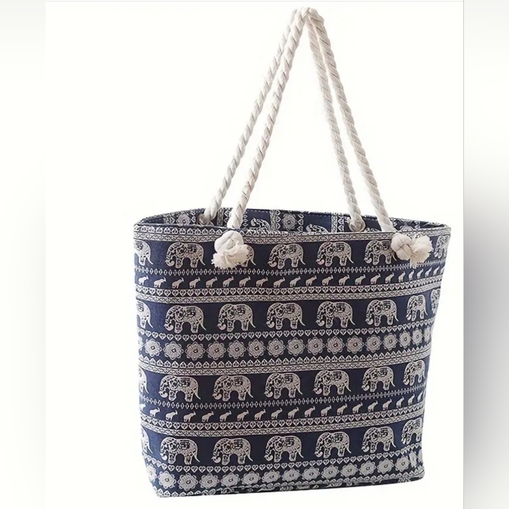 New Blue White Beach Zippered Tote Bag Elephant 17 X 12" Rope Handle - Picture 2 of 4